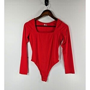 HYZ Women's Size Medium Red Square Neck‎ Long Sleeve Snap Closure Bodysuit NWOT